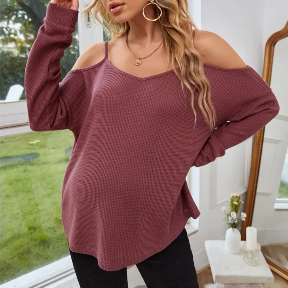 Waffle knit off the shoulder long sleeve dusty rose top size medium
